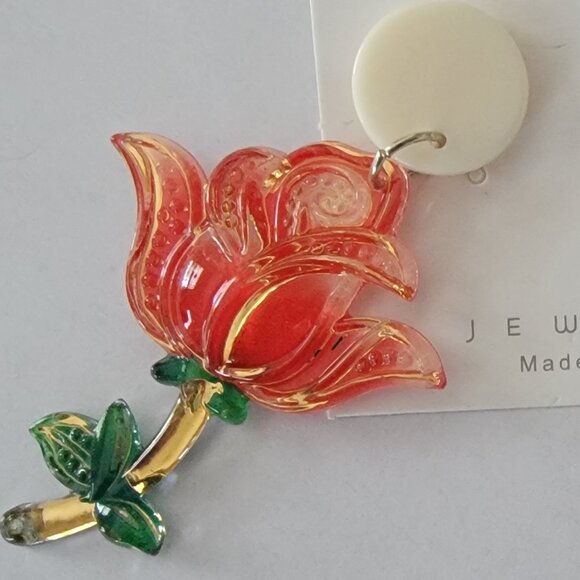 Lovely 3" Dangling Red Flower Earrings Post Stud - Picture 2 of 4